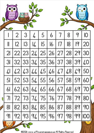 Getalkaart/Number chart - Uile/Owls